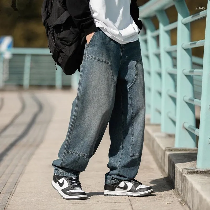 Jeans pour hommes Harajuku Vintage Blue Cargo surdimensionné Pantalon en denim de coton lavé Hip Hop Streetwear Pantalon à jambes larges