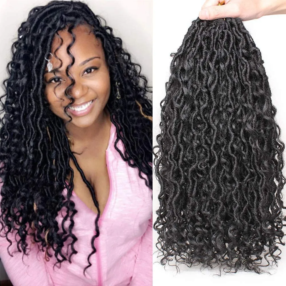 Rivière Faux Locs Crochet Cheveux 18 Pouces Déesse Boho Hippie Locs Crochet Cheveux Avec Cheveux Bouclés Pré-bouclé Synthétique Bohème Crochet Tresses Cheveux