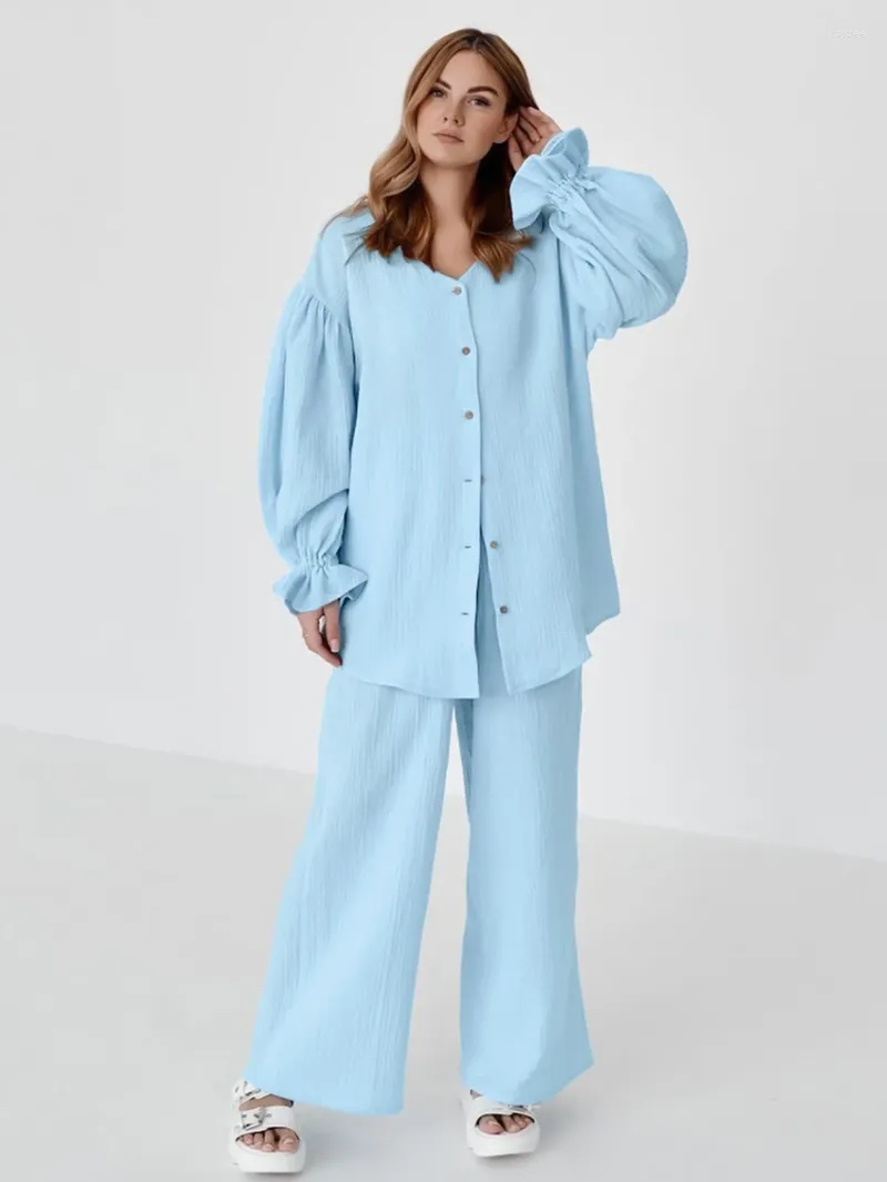 女性用スリープウェアMarthaqiqi Cotton Ladies Nightwear Stait Leng Sleeve Nightgowns Turnown Turnown Wide Wide LegPantsホーム服