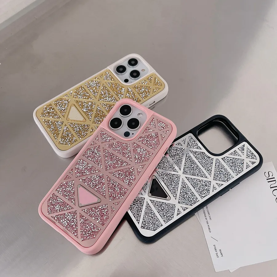 Designer Phone Case Fashion Glitter Triangle P Cases for iPhone 15 14 Pro Max 14pro 13 13pro 12 Pro Max 11 Clear Sequin Rhine Stone Case Bling Shiney Women Cover