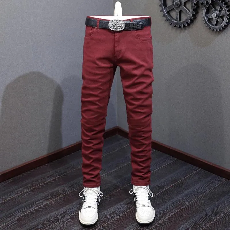 Jeans masculinos Moda de moda de alta qualidade Elastic Red Slim Fit Fit Vintage Estilo coreano Casual Designer Denim Calças