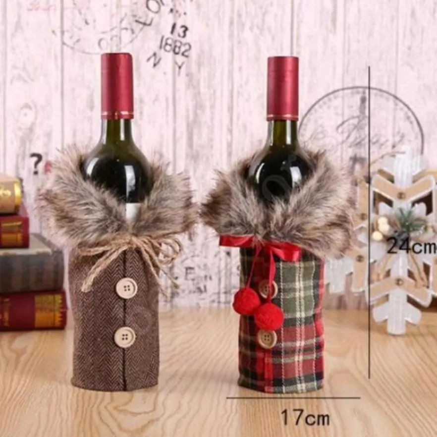 Bow Plaid New Linen Clothes with Fluff Creative Wine Bottle Cover Fashion Christmas Decoration FY3736 B1012