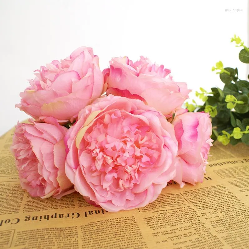 Decorative Flowers European Style 5 Head Artificial Peony Pink White Silk Rose For Home Wedding Bride Bouquet