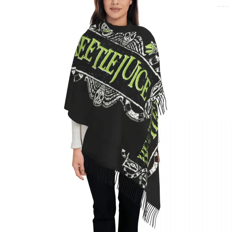 Sciarpe Beetlejuice Segno verde Logo Sciarpa con nappa Donna Morbida Tim Film Scialli di Halloween Avvolge Lady Winter