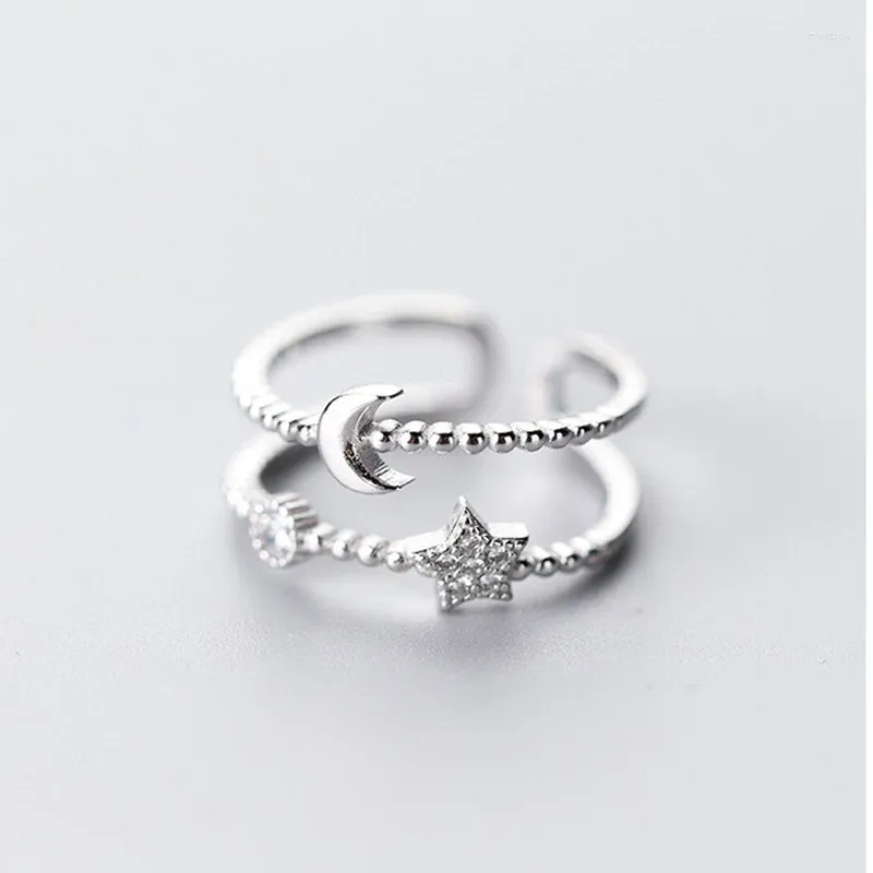 Cluster Rings Cute Moon Star Adjustable Ring Mosaic Zircon Double-Deck For Women Friends Teen Girl Fashion Jewelry Gift