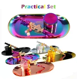 Rainbow launched smoking set metal herb grinder rainbow rolling tray bling blunt holder F07201457037