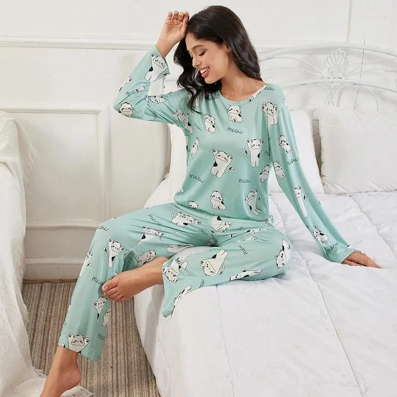 Dames nachtkleding huiskleding pyjama set schattig cartoon patroon bedrukt ronde hals dames zachte melkzijde lounge wear pyjamasets