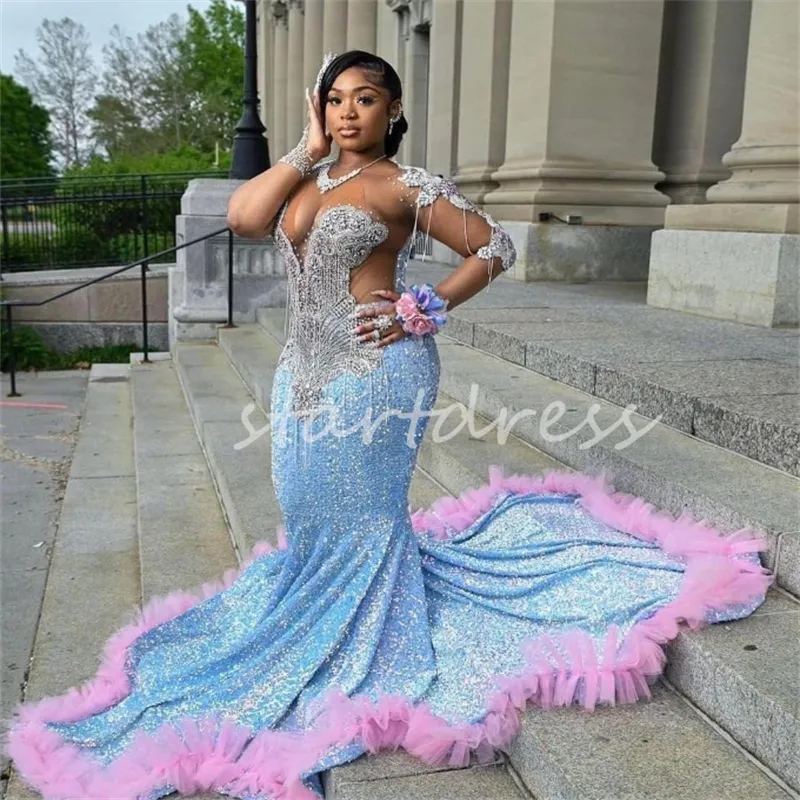 Spark Blue Sequin Prom Dress 2024 With Pink Ruffles Mermaid Plus Size Crystal Evening Gowns Aso Ebie Formal Birthday Party Robes De Soiree Shine vestidos de fiesta