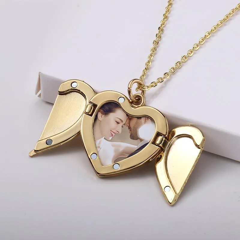 Sublimation Blanks Necklace Decorations Locket Fashion Angel Wings Hot Transfer Printing heart Shape Consumables for DIY Jewelry