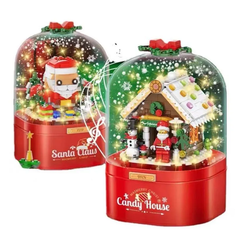 Christmas Snowman House Music Box Light, Santa Claus Holiday Block Toy
