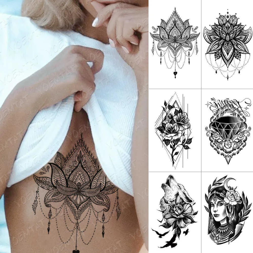 Tatuaggi temporanei Impermeabile Adesivo tatuaggio temporaneo Petto pizzo Henné Mandala Flash Tatuaggi Lupo Diamante Fiore Body Art Braccio Falso Tatoo Donna Uomo Z0403