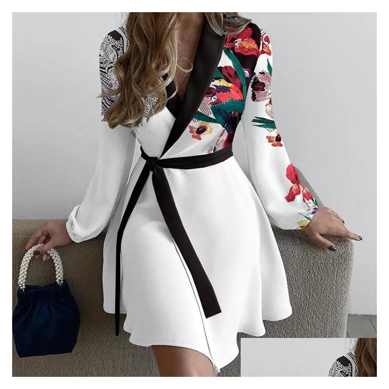 Basic & Casual Dresses Casual Dresses Dress Women Summer Europe United States Fashion Temperament Printed Long-Sleeve Waist Lace Vesti Dhsol