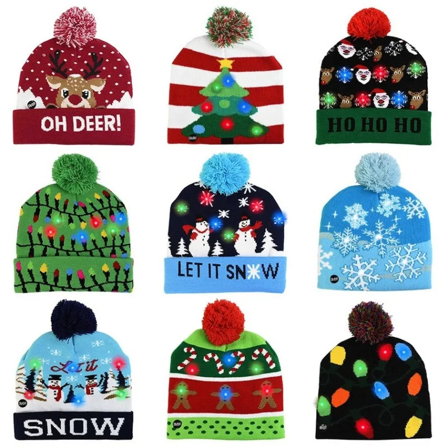 LED Christmas Hat Sweater Knitted Beanie Christmas Light Up Knitted Hat Christmas Gift for Kids Xmas New Year Decorations sxjun16