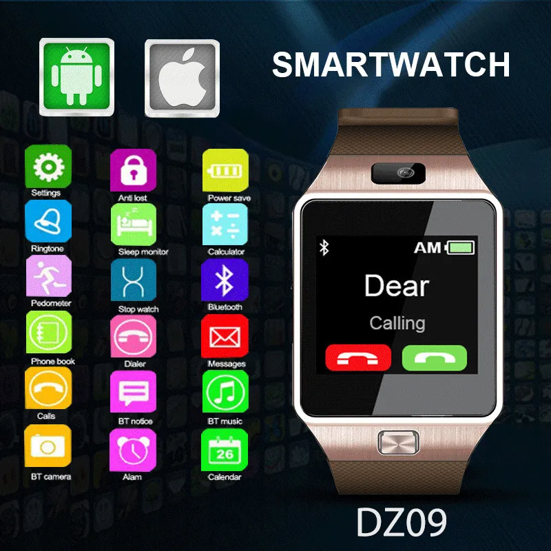 Original DZ09 SMART -klocka Bluetooth Wearable Devices Smart Wristwatch för iPhone Android -telefonklocka med kameraklocka Sim TF Slot Armband DHL -leverans