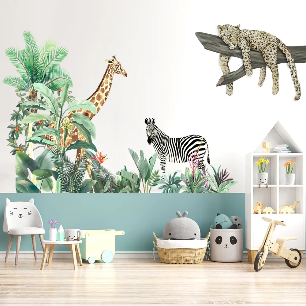 Muurstickers grote jungle dieren behang kinderkamer jongens kamer slaapkamer decoratie wilde giraf luipaard zebra wallpaper vinyl 230403