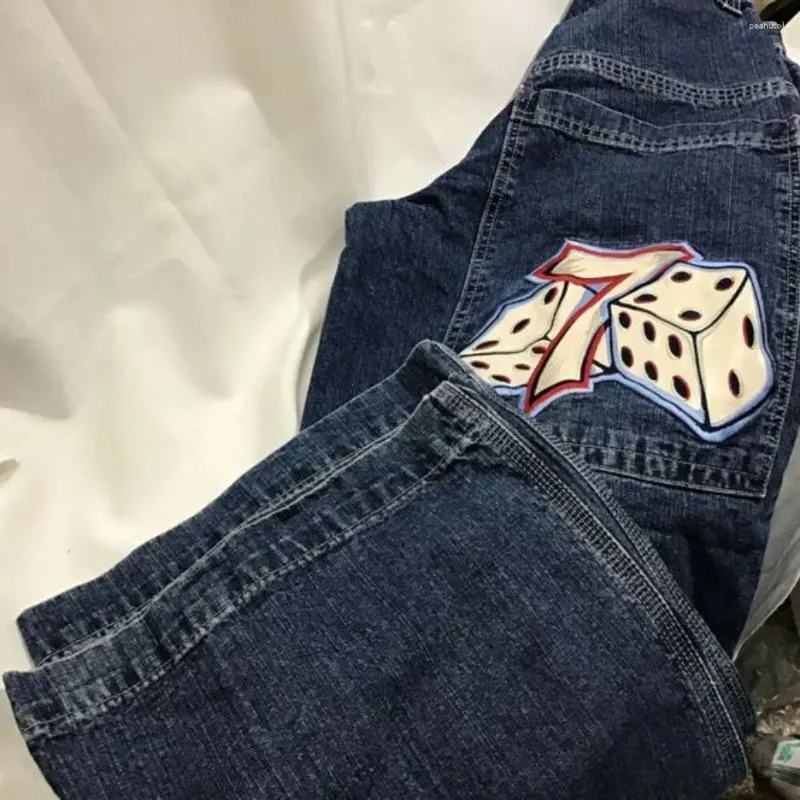 Damen Jeans Streetwear JNCO Y2K Hip Hop Nummer 7 Würfel Grafik bestickt Retro Blau Baggy Herren Damen Hohe Taille Weite Hose