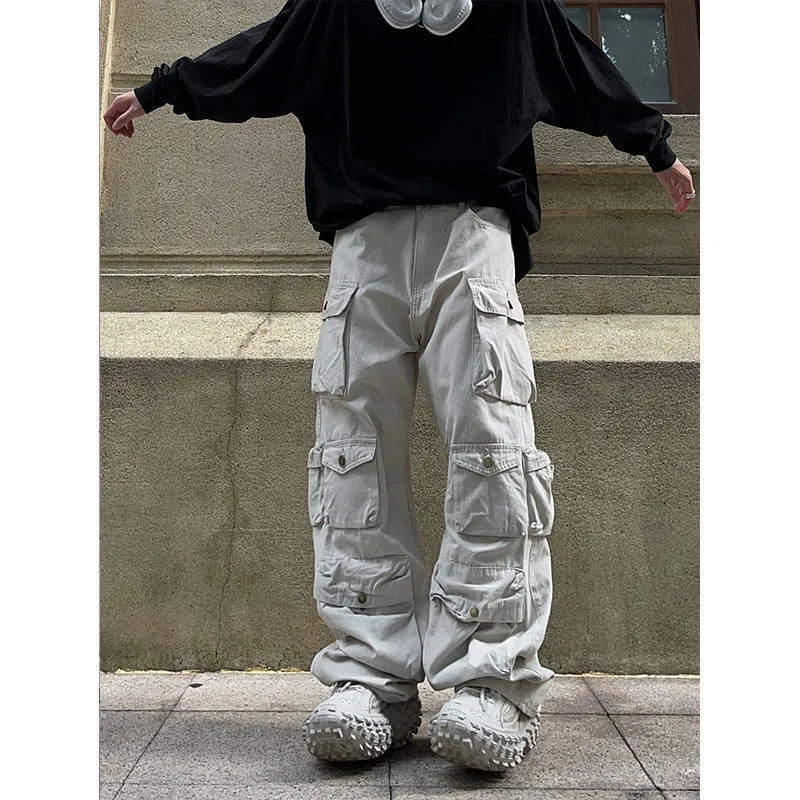 Men's Pants Street White Multi pocket Overalls Harajuku Style Loose Casual Trousers Straight Mopping Autumn 230403