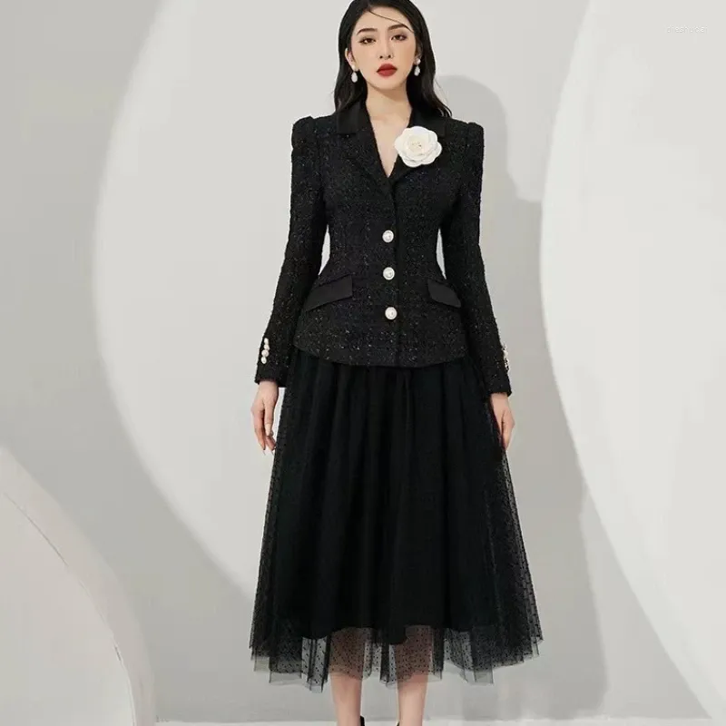 Two Piece Dress Woman's Autumn/winter Small Fragrance Tweed Balzers Jacket Gauze Skirt Suit Retro Black Waist Blazer Overskirt Two-piece