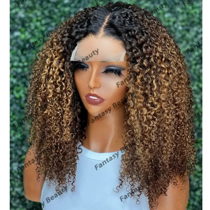 Kinky Curly 100% Human Hair Women Wigs with Baby Hair Glueless 5x5 Lace Closure Ombre Brown Copper Colored Wigs Natural Hairline