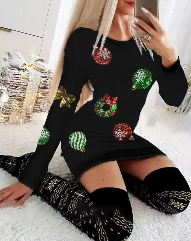 Casual Dresses Elegant Dress 2023 Selling Fashion High Quality Christmas Pattern Round Neck Women's Tight Fit