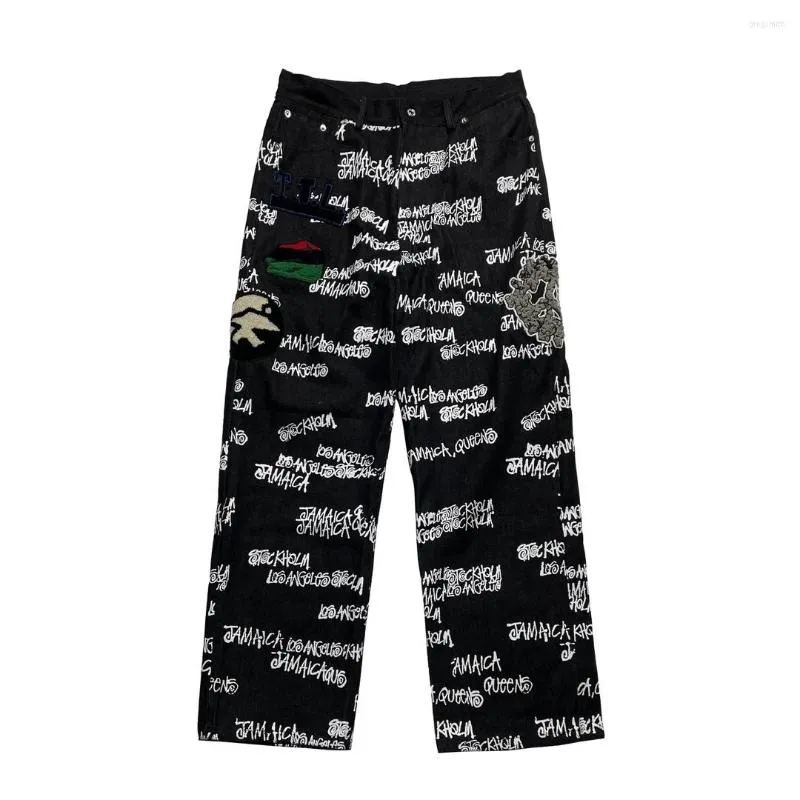 Męskie dżinsy czarne haftowane litery na całym Jean 2023 Spring Hip Hop Style Style dla mężczyzn Wysokiej jakości Pantalon Vaqueros Hombre