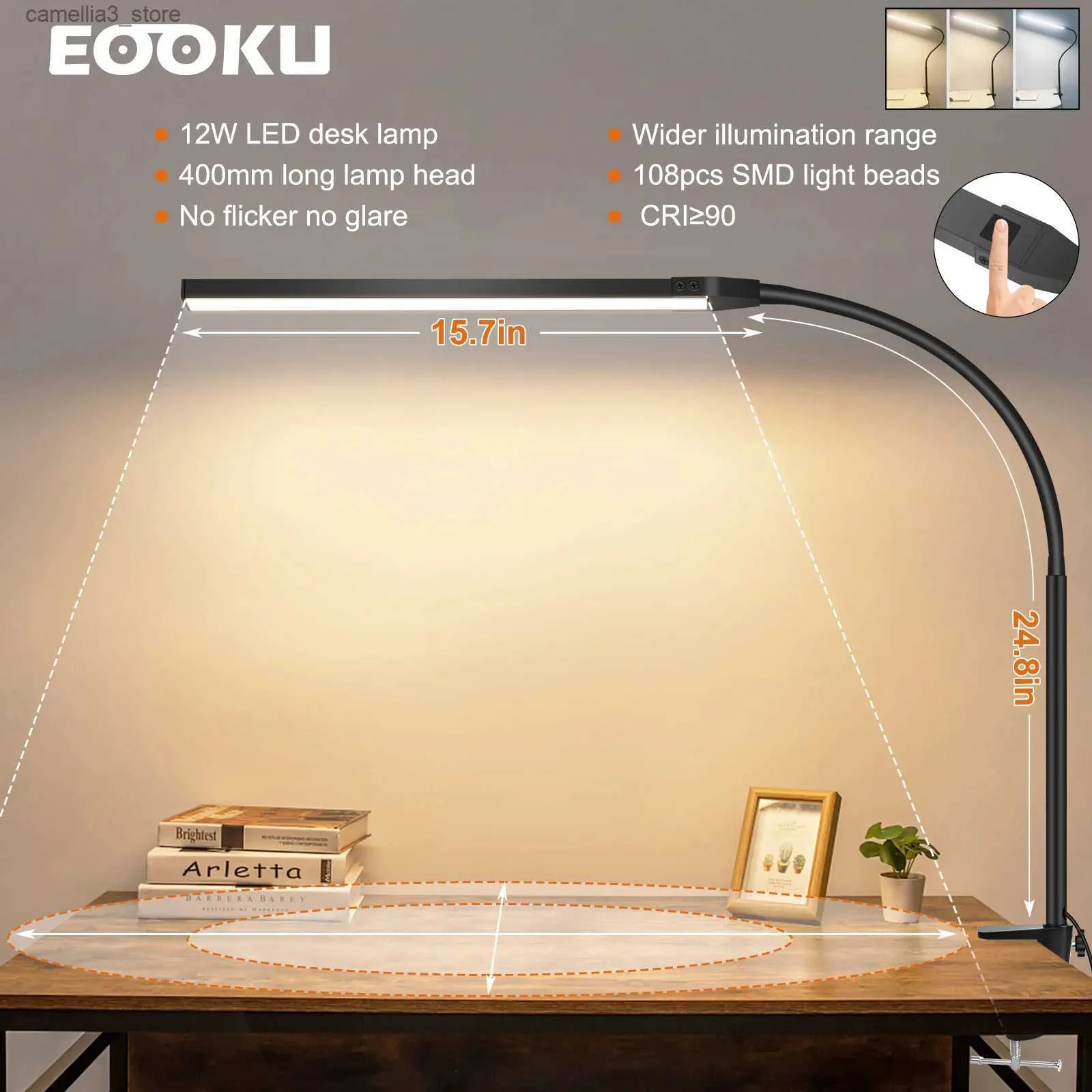 Lâmpadas de mesa EOOOKU 12W Clip on Light 108 LED Luz de leitura para cama Touch Button 360 Flexível Gooseneck Lâmpada de mesa Luz de proteção para os olhos Q231104