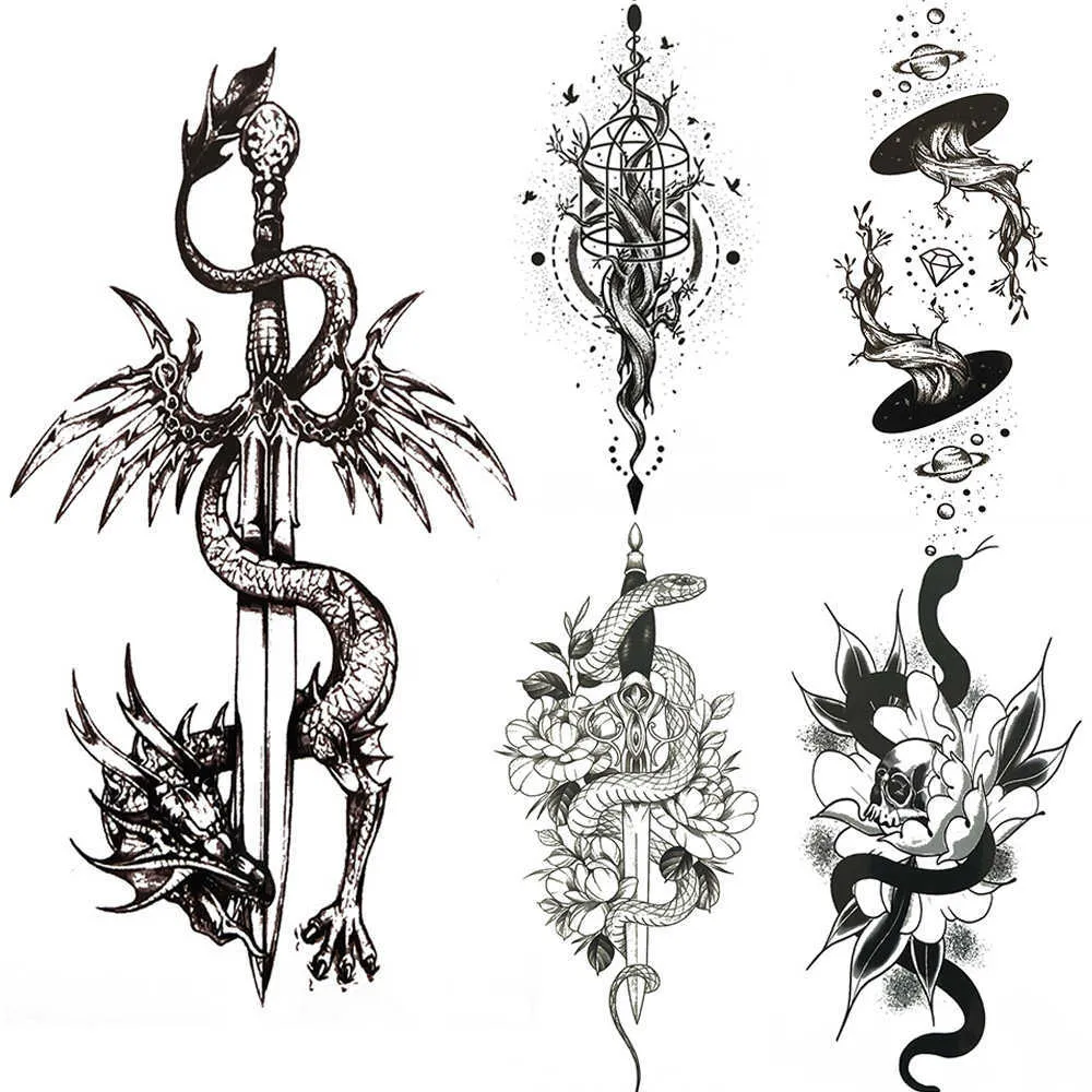 Tijdelijke tatoeages zwarte Dragon King Tijdelijke tattoo voor mannen dames boom slangbloem tatoeages waterdichte uniek zwaard flits nep tatoos armbanden z0403