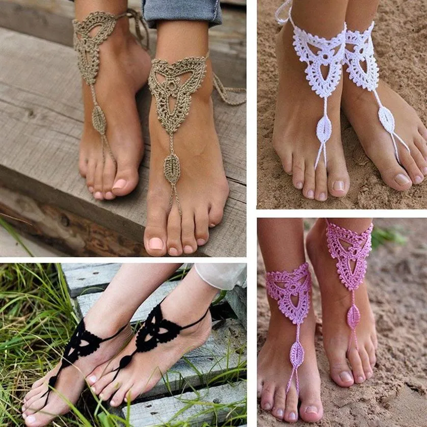 Whole-2015 New 2 Pair Ornate Barefoot Sandals Beach Wedding Bridal Knit Anklet Foot Chain #81096235h