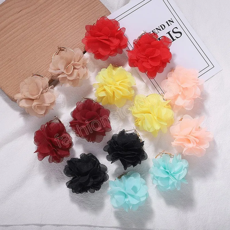 Elegant Large Cloth Flower Earrings for Women Trendy Big Colorful Hoop Earrings 2023 Fashion Jewelry Accessories Ladies Gifts