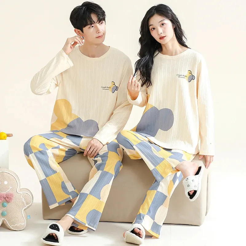 Мужская одежда для сна, корейская хлопковая домашняя одежда для женщин и мужчин, одинаковые пижамные комплекты на весну, милая пижама с героями мультфильмов для пар, парея мужская 231102