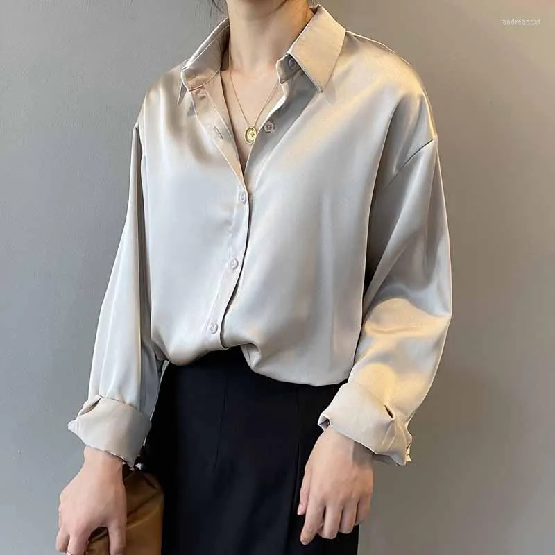 Kvinnor BLOUSES DAYIFUN 2023 Spring Silk Office Elegant Shirts Women Fashion Buttons Up Satin Vintage White Long Sleeves Female Tops