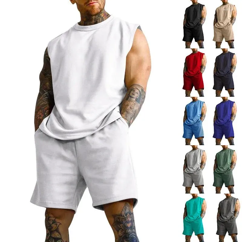 Tracksuits masculinos colete de cor sólida conjunto de duas peças para homens verão sem mangas terno esportivo casual camisa fina