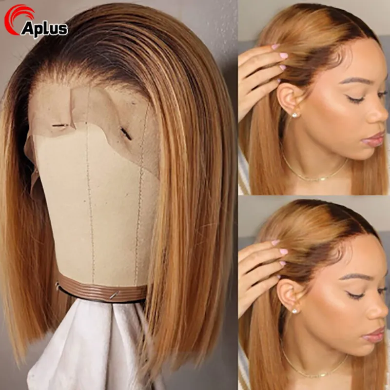 16 pouces miel blond 4x4 fermeture perruque Ombre droite Bob dentelle fermeture perruque brésilienne Remy cheveux humains perruque préplumée 150