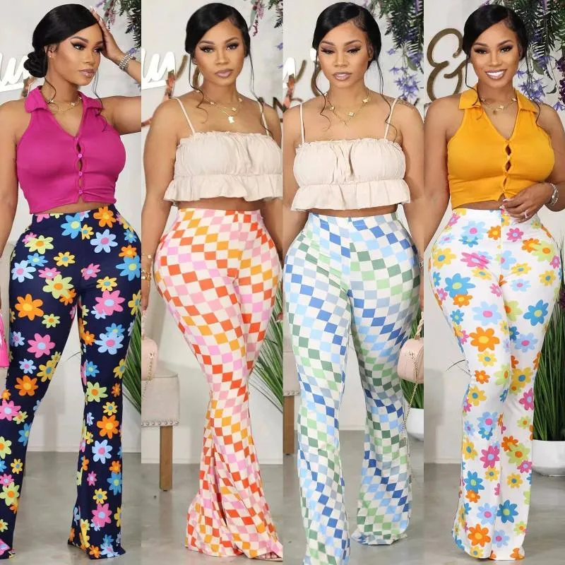 Pantalones de mujer informales con estampado Floral, cintura alta, elásticos, acampanados, largos, elegantes, Vintage, de pierna ancha, a la moda, para verano, 2023