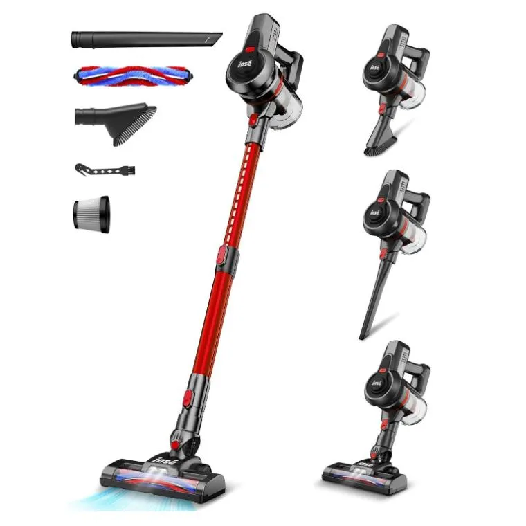 INSE Cordless Cleaner, 6 in 1 Battery Cleaner Rechargeable, Powerful Stick Vacuum 2200m-ah Up to 45 Mins Runtime for Hard Floor Carpet Pet Hair---n650 Red Ms Hair---n50