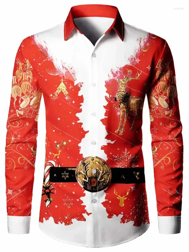 Camicie eleganti da uomo 2024 Babbo Natale con risvolto con cuciture stile alla moda Modello HD Camicia morbida e confortevole per feste di Natale Taglie forti