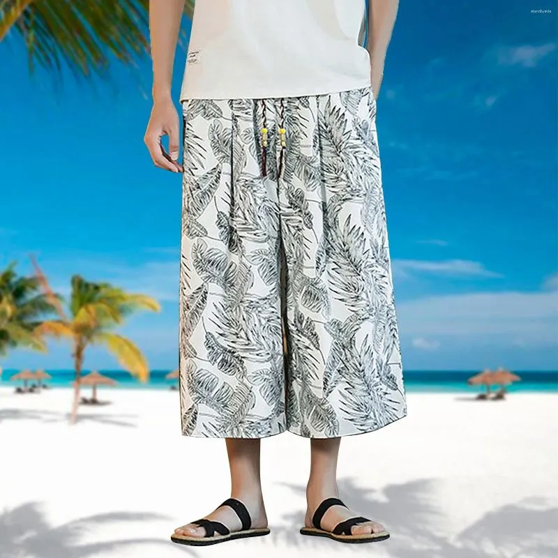 Men's Shorts Summer Thailand Tourism Hawaii Ice Silk Beach Flower Pants Trendy Wide Leg Capris Foam House Casual Tie