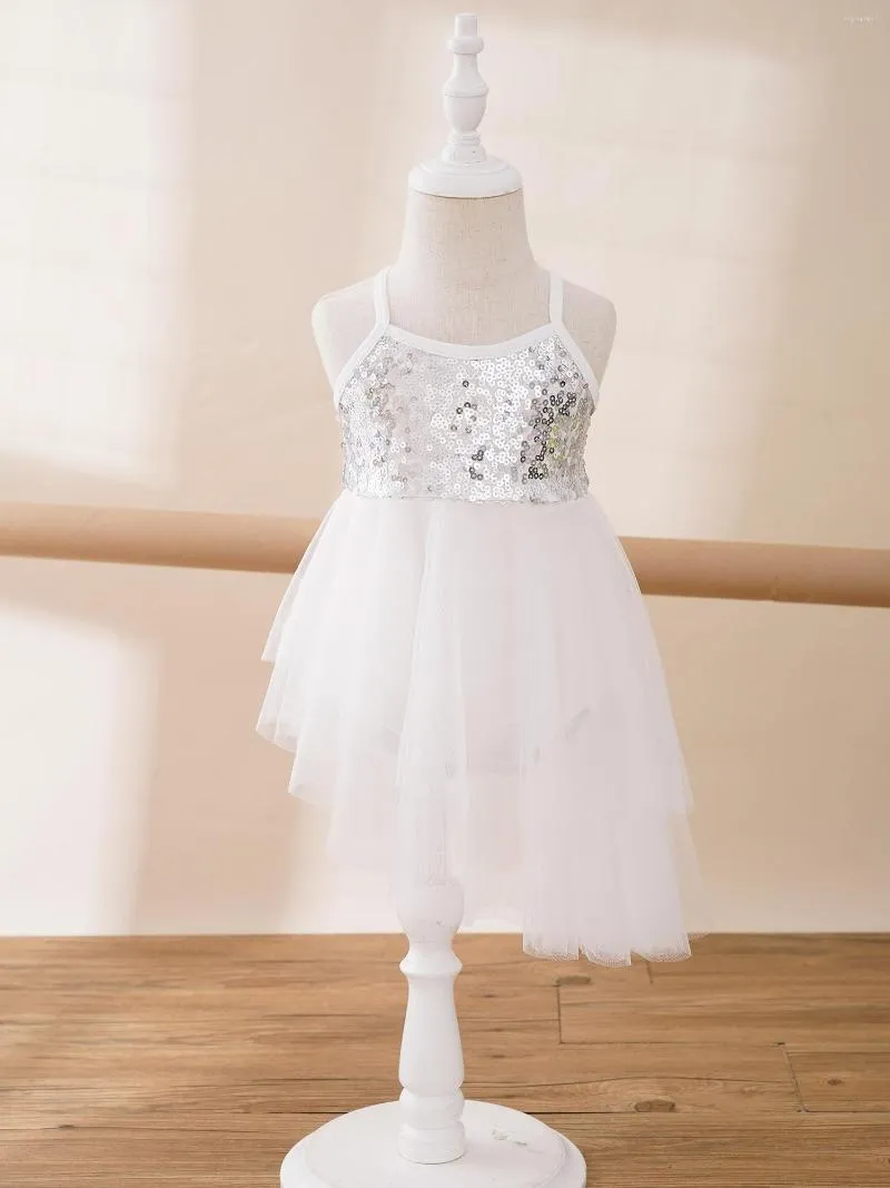 Girl Dresses Kids Girls Shinny pailletten onregelmatige tule ballet dance jurk mouwloze soild kleur gymnastiek tuchel voor podiumprestaties