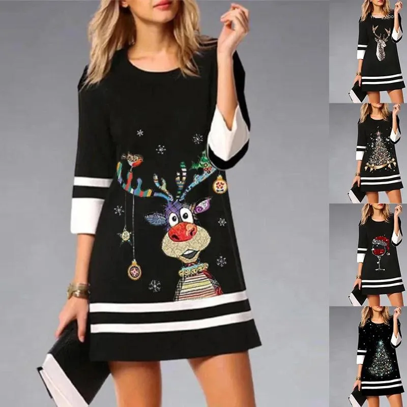 Casual Dresses Spring Women's Dress Black Christmas Print Seven-point Sleeve O Neck Fall Women Fashion Mini Party Vestidos