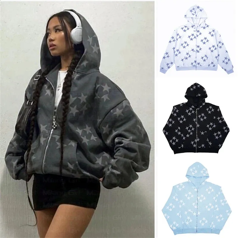 Women's Jacket Vintage Star Print Hoodies Fashion Casual Zip Up Long Sleeve Loose Jacket Coats Harajuku Hooded Sweatshirts Y2k Streetwear 231102