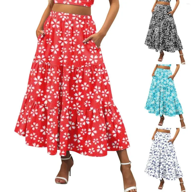 Casual Dresses Flowy Printing Boho Swing Waist Pocket Tiered Women Elastic Dress Pleated A Skirt Beach Summer Long Line