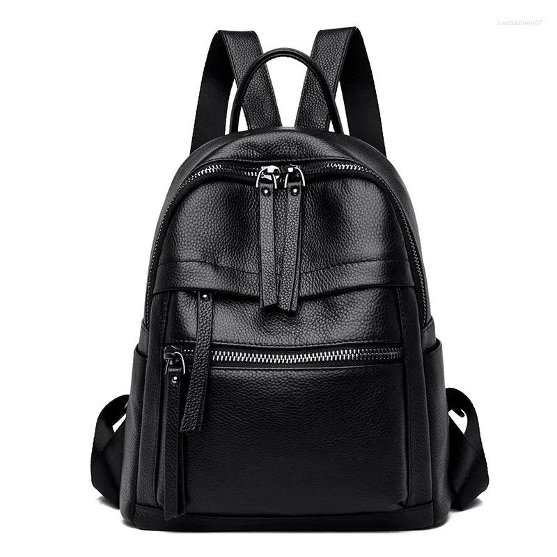 Sacos escolares de alta qualidade couro genuíno preto branco mulheres mochilas luxo senhora menina primeira camada feminino estilo livro mochila