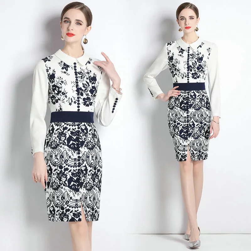 Womens Boutique Dress Long Sleeve Printed Dresses 2023 Spring Autumn Dress High-end Temperament Lady Dress OL Dresses