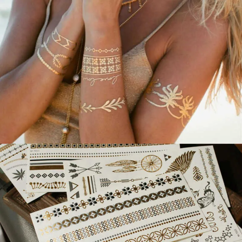 Tillfälliga tatueringar 1pc sommarstil män kvinnor kroppskonst guld metall tatuering klistermärke kedja armband falska smycken vattentät tillfällig tatuering z0403