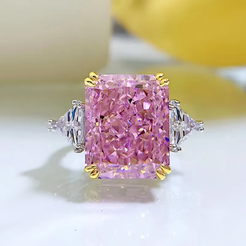 Bague en diamant rose coupe radiante 100% réel en argent sterling 925, bagues de mariage pour femmes et hommes, bijoux de promesse de fiançailles