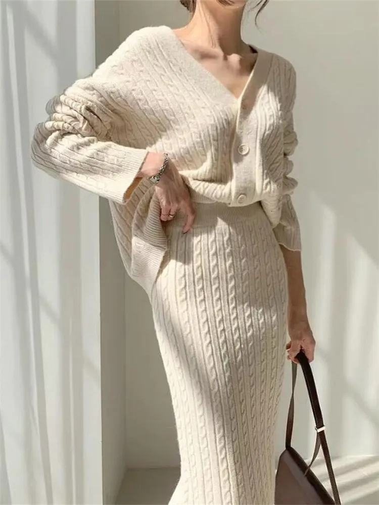 Vestido de dos piezas Lana Overszie Mujer Su ter Conjuntos de 2 piezas Elegnat Trajes de punto Mujer Falda de punto Su teres Vintage Mujer Cardigan