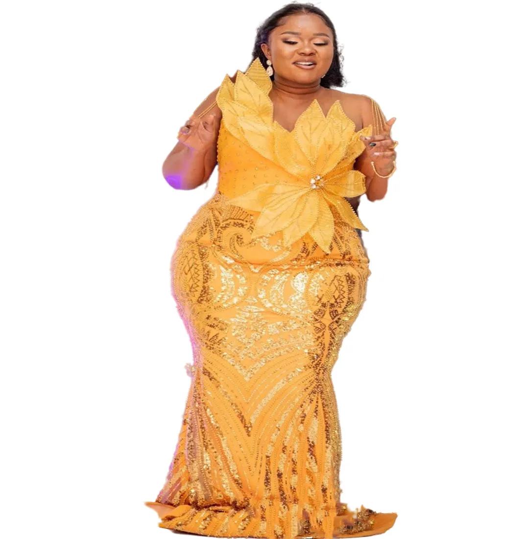 2023 arabe Aso Ebi jaune sirène robe de bal paillettes dentelle robes de soirée perlée anniversaire fiançailles deuxième robe robe femmes vêtements de cérémonie WD026