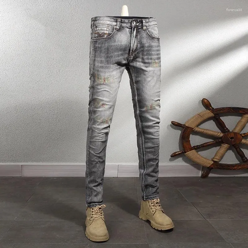 Herenjeans Modeontwerper Heren Hoge kwaliteit Retro Zwart Grijs Stretch Slim Fit Gescheurd Borduren Vintage Denim Broek Hombre