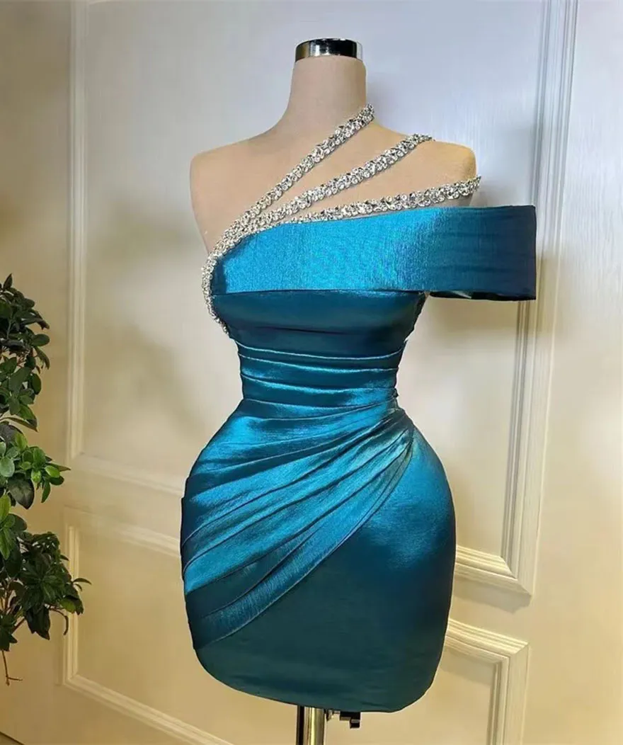 Cocktail Dress Crystal Prom Party Gown Plus Size Zipper New Custom Graduation Straight Sleeveless Satin Lace Up One-Shoulder Pleat Beaded