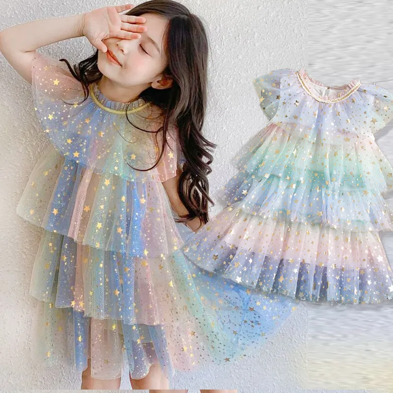 Sukienki dziewczynki sukienka dla dzieci odzież dla dzieci moda Rainbow Color Cake sukienka Tutu spódnica cekinowa pentagram sukienka jednorożca 230403